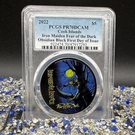 2022 1 oz $5 Cook Islands Silver Dollar PCGS PR70DCAM FDOI Iron Maiden Fear of the Dark Black Obsidian Finish (1 of 62)