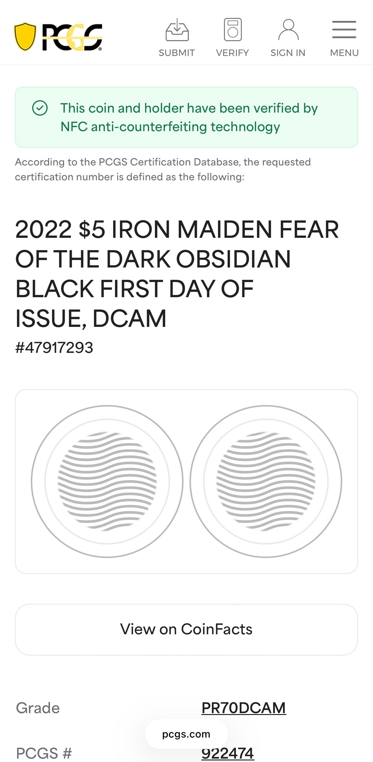 2022 1 oz $5 Cook Islands Silver Dollar PCGS PR70DCAM FDOI Iron Maiden Fear of the Dark Black Obsidian Finish (1 of 62)