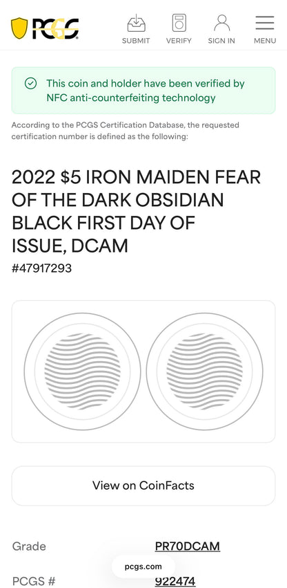 2022 1 oz $5 Cook Islands Silver Dollar PCGS PR70DCAM FDOI Iron Maiden Fear of the Dark Black Obsidian Finish (1 of 62)