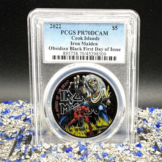 2022 1 oz $5 Cook Islands Silver Dollar PCGS PR70DCAM FDOI Iron Maiden 'The Number of the Beast'Black Obsidian Finish (1 of 249)