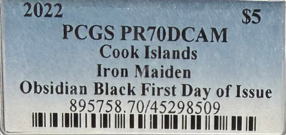 2022 1 oz $5 Cook Islands Silver Dollar PCGS PR70DCAM FDOI Iron Maiden 'The Number of the Beast'Black Obsidian Finish (1 of 249)