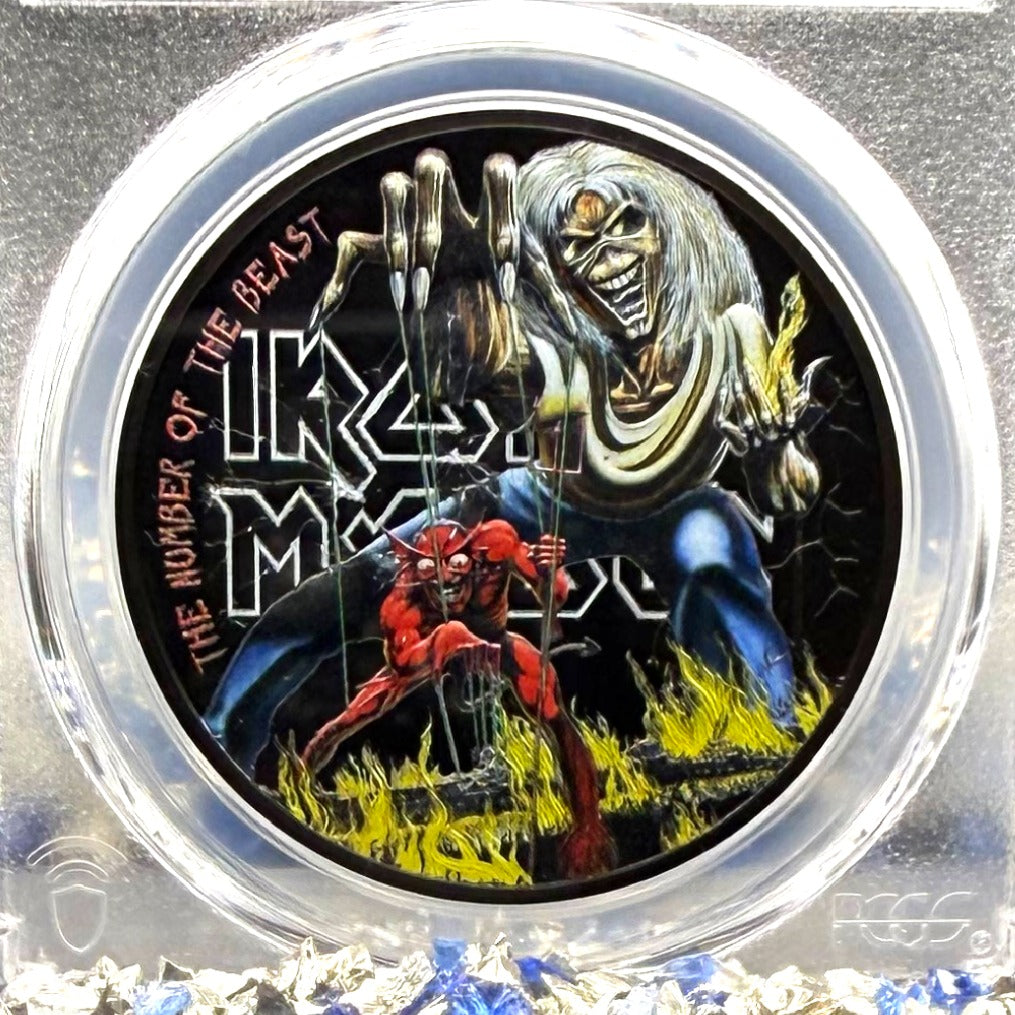 2022 1 oz $5 Cook Islands Silver Dollar PCGS PR70DCAM FDOI Iron Maiden 'The Number of the Beast'Black Obsidian Finish (1 of 249)