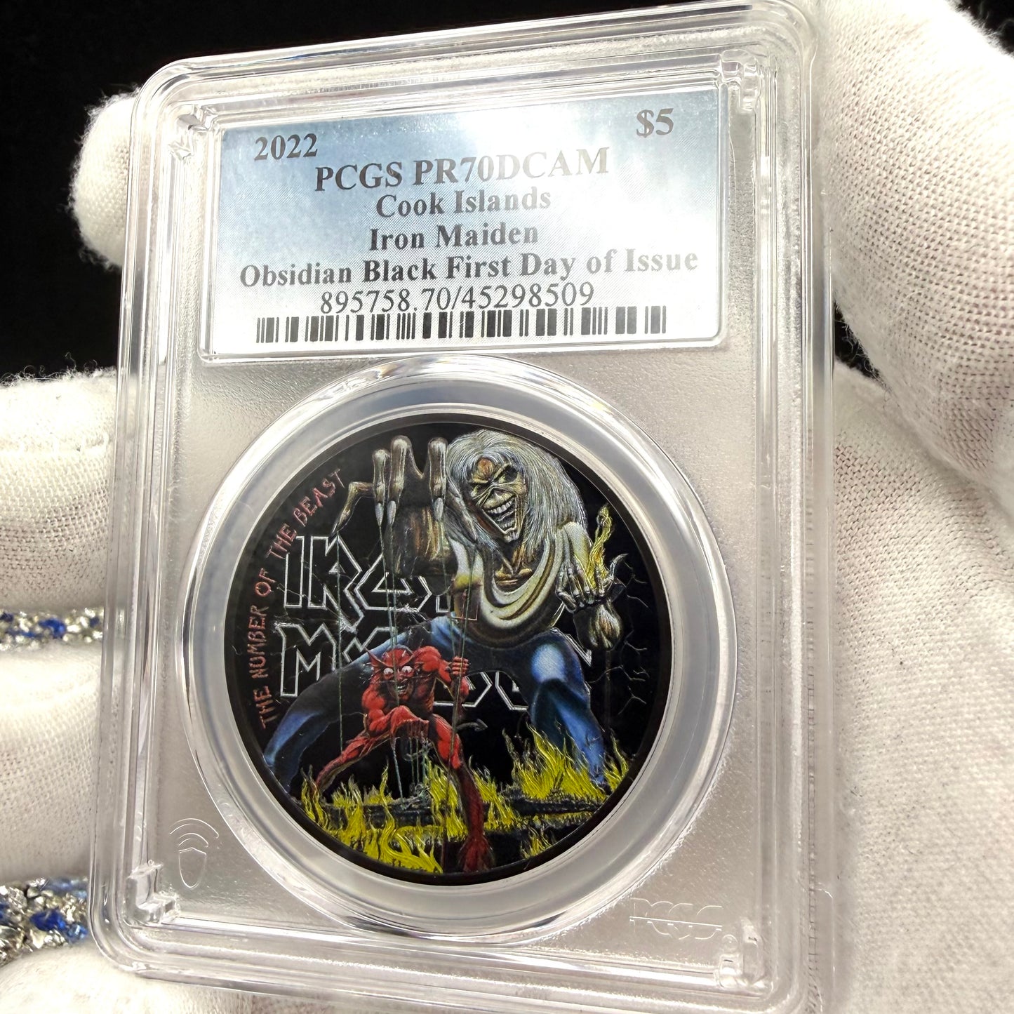 2022 1 oz $5 Cook Islands Silver Dollar PCGS PR70DCAM FDOI Iron Maiden 'The Number of the Beast'Black Obsidian Finish (1 of 249)
