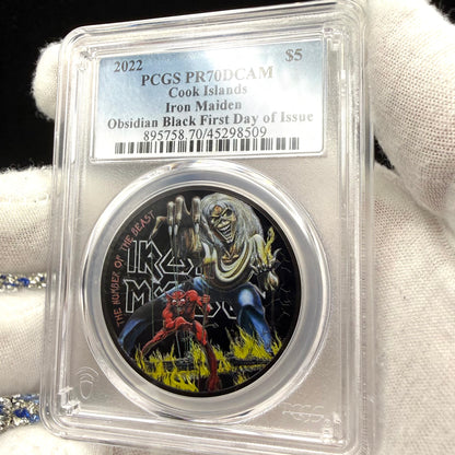 2022 1 oz $5 Cook Islands Silver Dollar PCGS PR70DCAM FDOI Iron Maiden 'The Number of the Beast'Black Obsidian Finish (1 of 249)