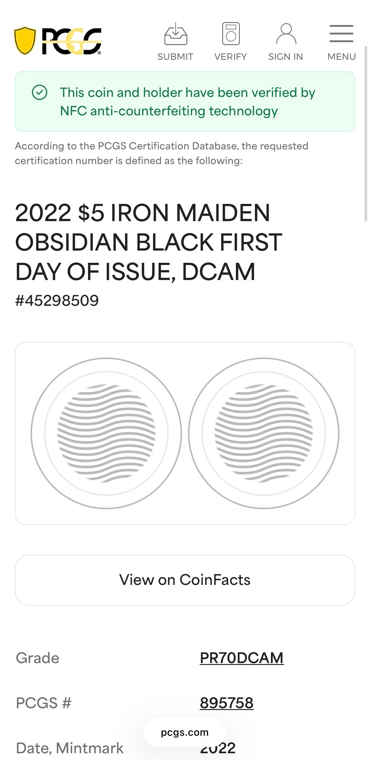 2022 1 oz $5 Cook Islands Silver Dollar PCGS PR70DCAM FDOI Iron Maiden 'The Number of the Beast'Black Obsidian Finish (1 of 249)