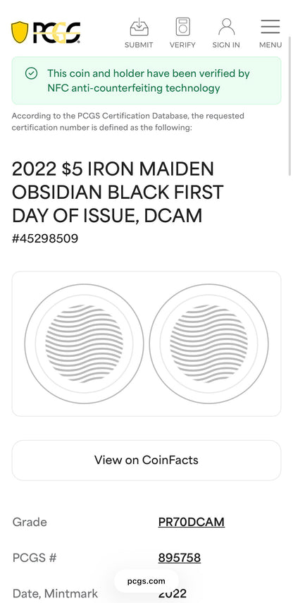 2022 1 oz $5 Cook Islands Silver Dollar PCGS PR70DCAM FDOI Iron Maiden 'The Number of the Beast'Black Obsidian Finish (1 of 249)