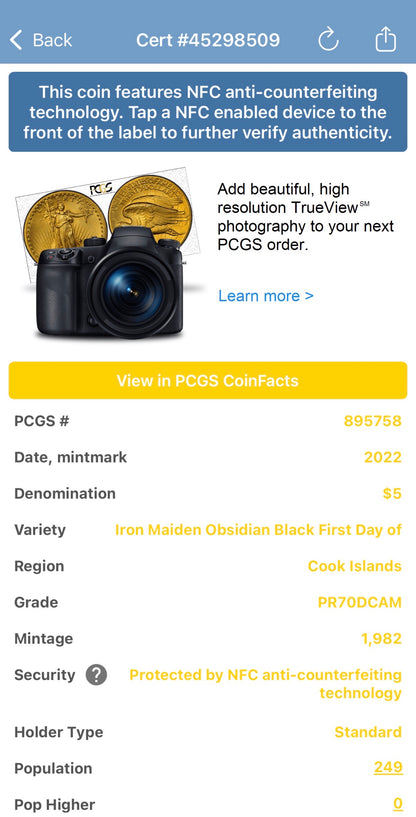 2022 1 oz $5 Cook Islands Silver Dollar PCGS PR70DCAM FDOI Iron Maiden 'The Number of the Beast'Black Obsidian Finish (1 of 249)