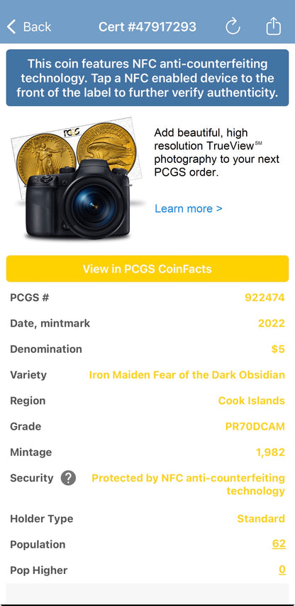 2022 1 oz $5 Cook Islands Silver Dollar PCGS PR70DCAM FDOI Iron Maiden Fear of the Dark Black Obsidian Finish (1 of 62)