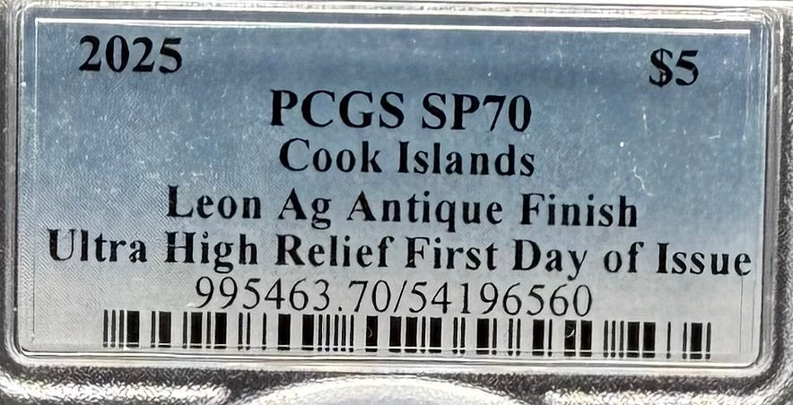 2025 1 oz $5 Cook Islands Silver Dollar PCGS FDOI SP70 Burnished Ultra High Relief Leon Antique Finish (1 of 50) Mint!