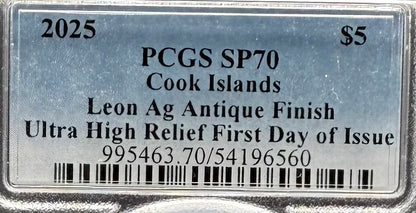 2025 1 oz $5 Cook Islands Silver Dollar PCGS FDOI SP70 Burnished Ultra High Relief Leon Antique Finish (1 of 50) Mint!