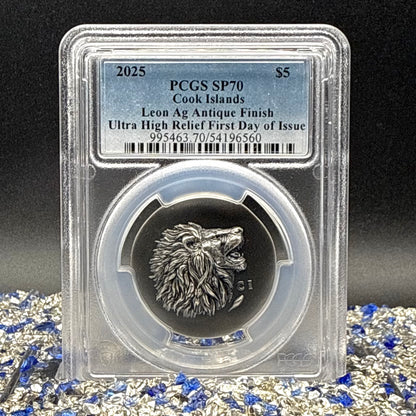 2025 1 oz $5 Cook Islands Silver Dollar PCGS FDOI SP70 Burnished Ultra High Relief Leon Antique Finish (1 of 50) Mint!