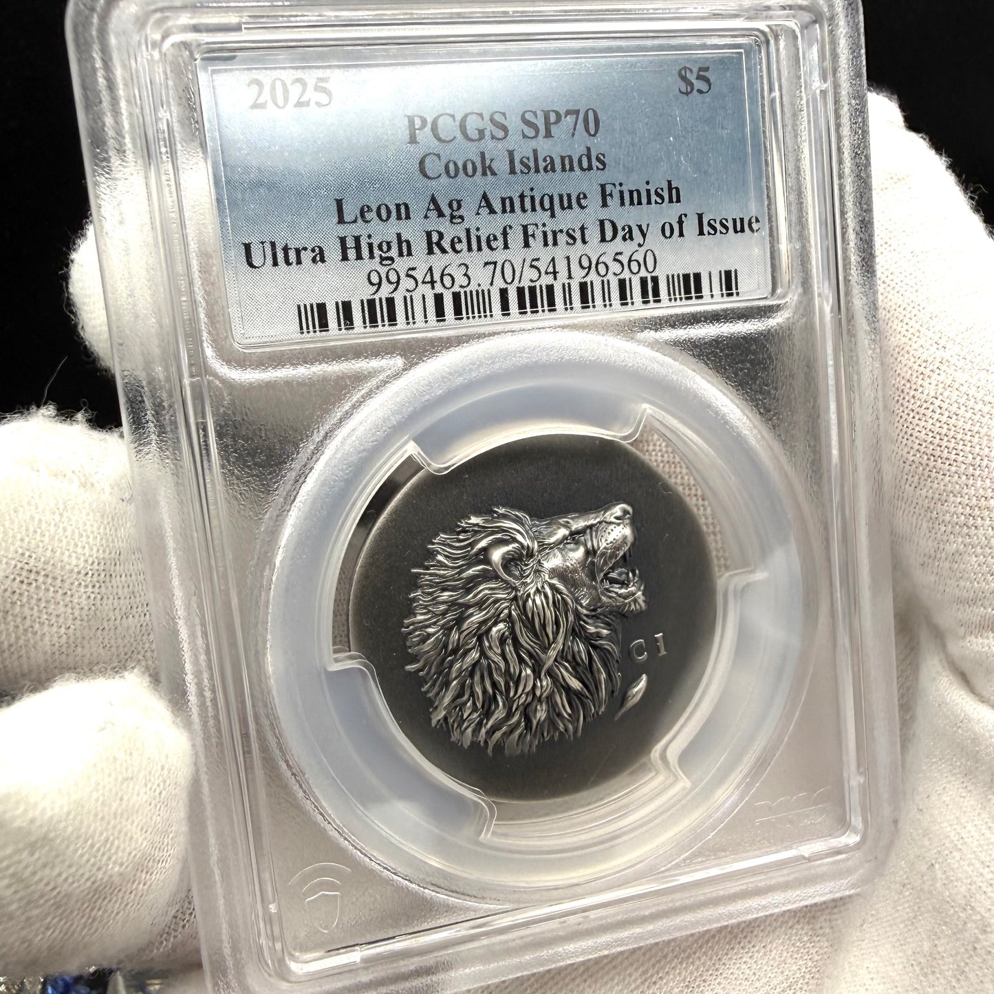 2025 1 oz $5 Cook Islands Silver Dollar PCGS FDOI SP70 Burnished Ultra High Relief Leon Antique Finish (1 of 50) Mint!