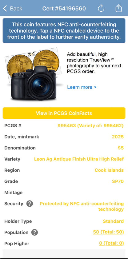 2025 1 oz $5 Cook Islands Silver Dollar PCGS FDOI SP70 Burnished Ultra High Relief Leon Antique Finish (1 of 50) Mint!