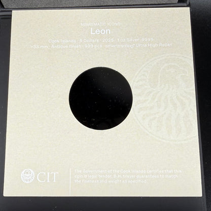2025 1 oz $5 Cook Islands Silver Dollar PCGS FDOI SP70 Burnished Ultra High Relief Leon Antique Finish (1 of 50) Mint!