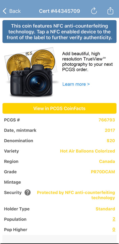 2017 $20 Canada Silver Dollar PCGS PR70DCAM Hot Air Balloons Colorized (1 of 2)