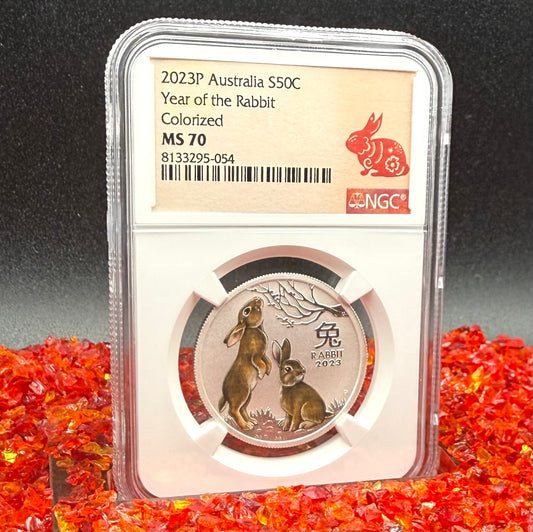 2023 P Silver 50C Australia Lunar Series III Year of the Rabbit Colorized Brown NGC MS70 Red Lunar Label New Holder Mint Condition (1 of 97)