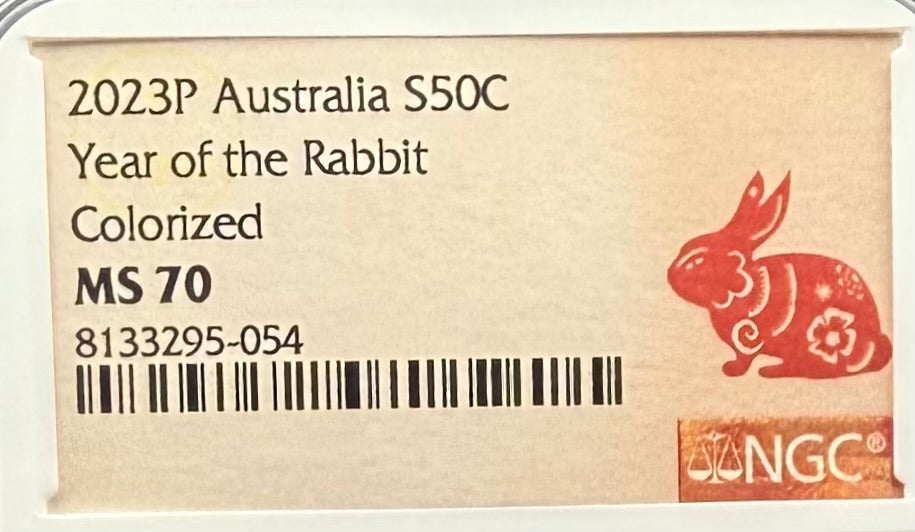 2023 P Silver 50C Australia Lunar Series III Year of the Rabbit Colorized Brown NGC MS70 Red Lunar Label New Holder Mint Condition (1 of 97)