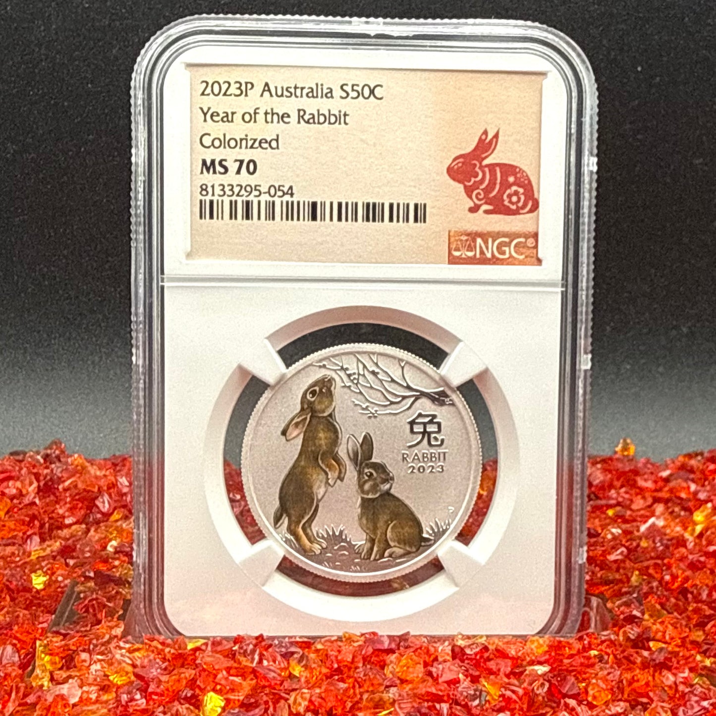 2023 P Silver 50C Australia Lunar Series III Year of the Rabbit Colorized Brown NGC MS70 Red Lunar Label New Holder Mint Condition (1 of 97)
