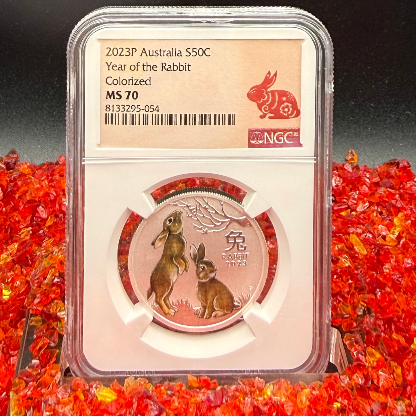 2023 P Silver 50C Australia Lunar Series III Year of the Rabbit Colorized Brown NGC MS70 Red Lunar Label New Holder Mint Condition (1 of 97)