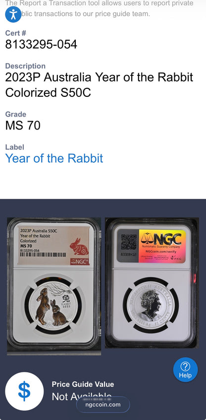 2023 P Silver 50C Australia Lunar Series III Year of the Rabbit Colorized Brown NGC MS70 Red Lunar Label New Holder Mint Condition (1 of 97)
