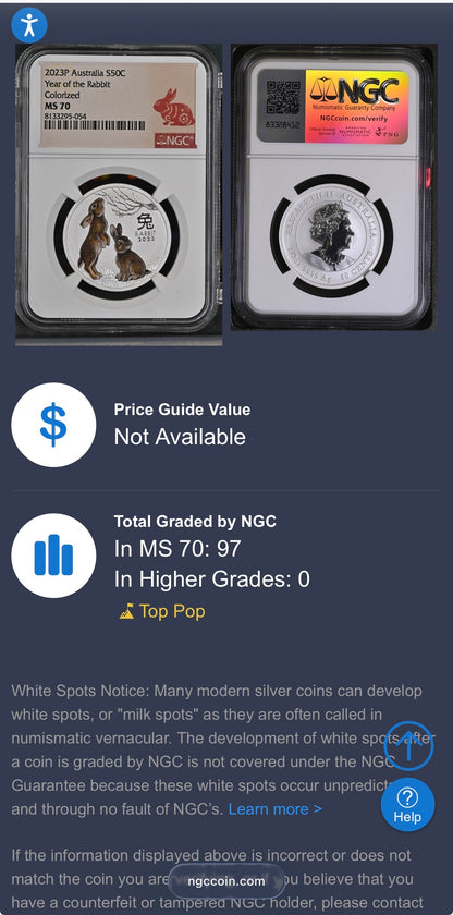 2023 P Silver 50C Australia Lunar Series III Year of the Rabbit Colorized Brown NGC MS70 Red Lunar Label New Holder Mint Condition (1 of 97)