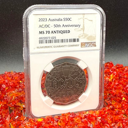 2023 S50C Australia Silver Dollar NGC MS70 AC/DC 50th Anniversary Antique Finish (1 of 21)