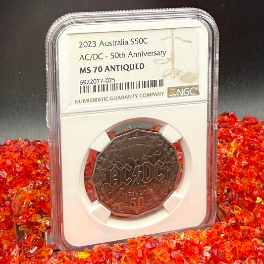 2023 S50C Australia Silver Dollar NGC MS70 AC/DC 50th Anniversary Antique Finish (1 of 21)