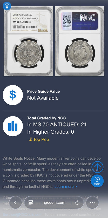 2023 S50C Australia Silver Dollar NGC MS70 AC/DC 50th Anniversary Antique Finish (1 of 21)