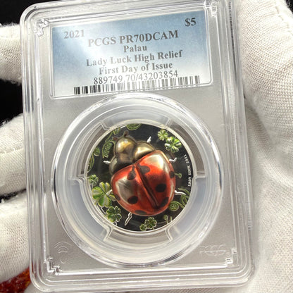2021 1 oz Palau Silver Dollar $5 PCGS FDOI PR70DCAM Lady Bug Lady Luck High Relief Colorized (1 of 173)
