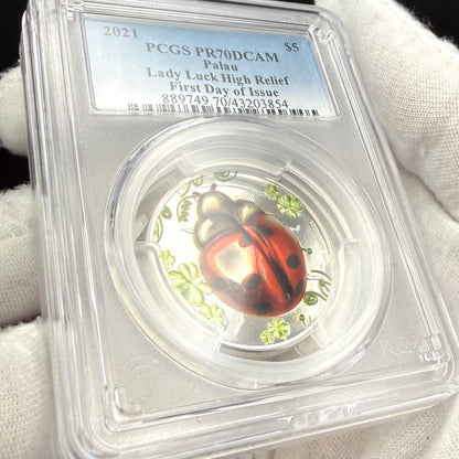 2021 1 oz Palau Silver Dollar $5 PCGS FDOI PR70DCAM Lady Bug Lady Luck High Relief Colorized (1 of 173)