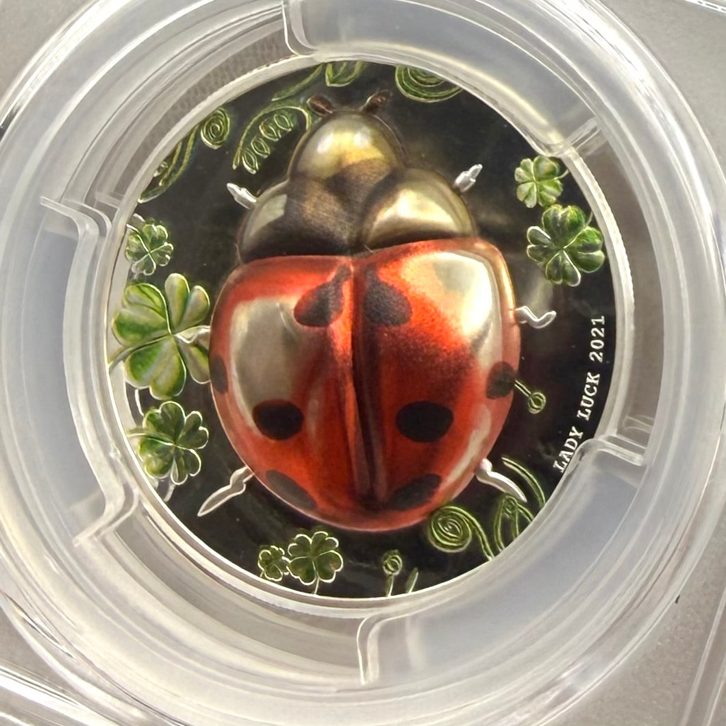 2021 1 oz Palau Silver Dollar $5 PCGS FDOI PR70DCAM Lady Bug Lady Luck High Relief Colorized (1 of 173)