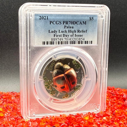 2021 1 oz Palau Silver Dollar $5 PCGS FDOI PR70DCAM Lady Bug Lady Luck High Relief Colorized (1 of 173)
