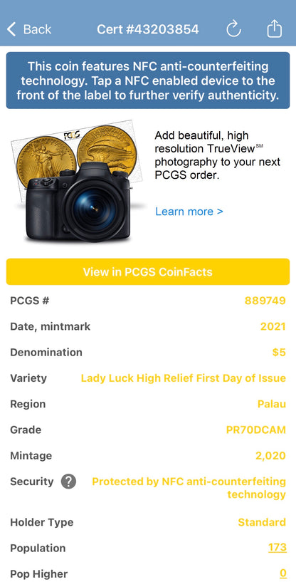 2021 1 oz Palau Silver Dollar $5 PCGS FDOI PR70DCAM Lady Bug Lady Luck High Relief Colorized (1 of 173)