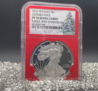 Proof 2016 (W) $1 American Silver Eagle NGC PF70 Christmas Tree (Lettered Edge) 30th Anniversary Label Red Core