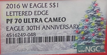 Proof 2016 (W) $1 American Silver Eagle NGC PF70 Christmas Tree (Lettered Edge) 30th Anniversary Label Red Core
