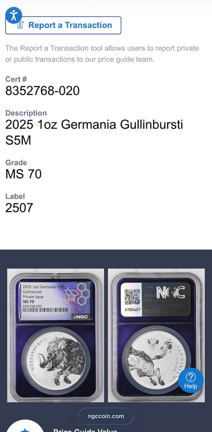 2025 1 oz .9999 Silver Private Issue NGC MS70 Germania Gullinbursti Purple Holder Mint!