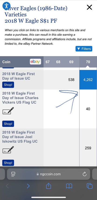 Proof 2018 (W) $1 American Silver Eagle NGC PF70 First Day of Issue (1 of 4,262)