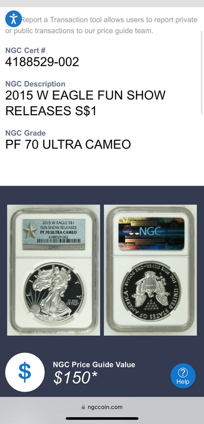 Proof 2015 (W) $1 American Silver Eagle NGC PF70 Fun Show Releases West Point Silver Star Label Mint Condition (1 of 4,365)