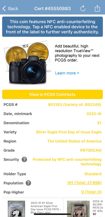 Proof 2022 (W) $1 American Silver Eagle PCGS PR70DCAM FDOI Rare American Eagle Holder (1 of 191)