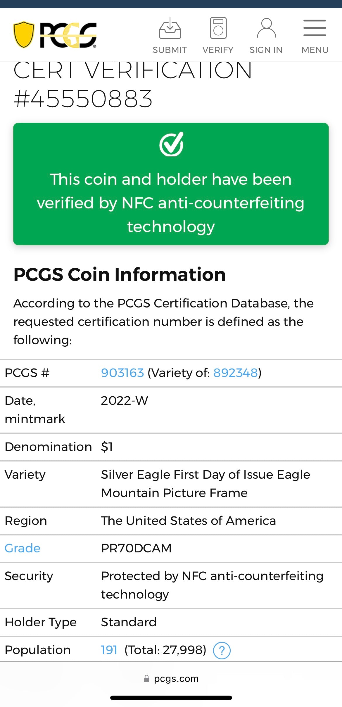 Proof 2022 (W) $1 American Silver Eagle PCGS PR70DCAM FDOI Rare American Eagle Holder (1 of 191)