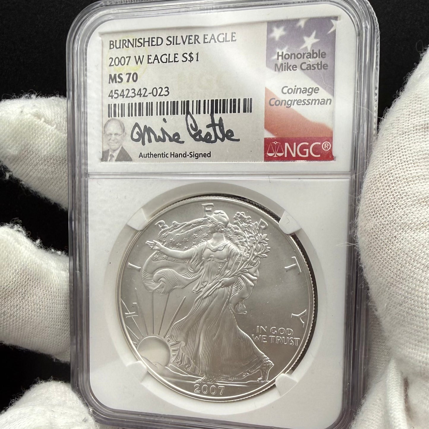 2007 Burnished $1 American Silver Eagle NGC MS70 Mike Castle Signed Label 1 of 544 Mint
