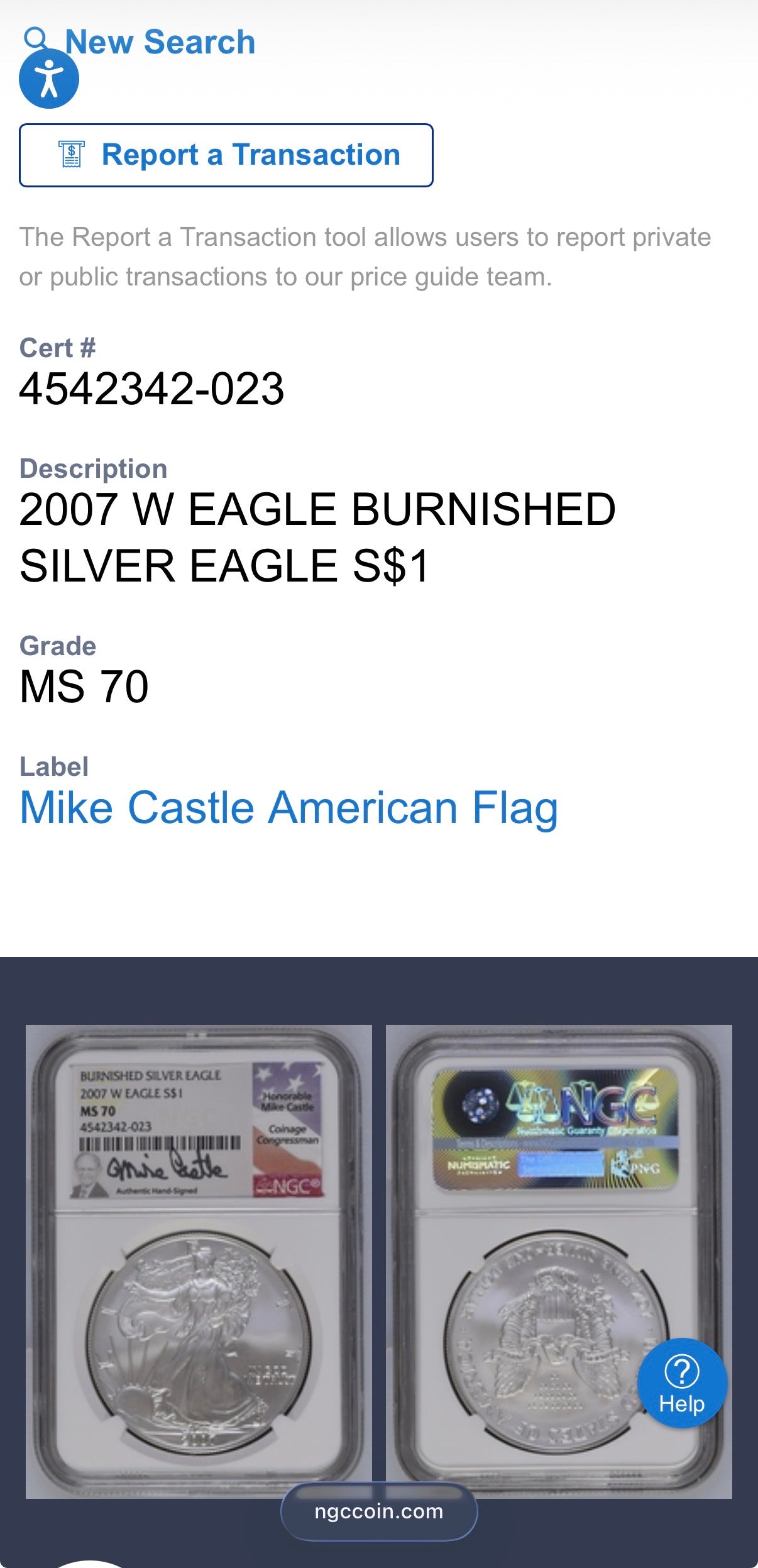 2007 Burnished $1 American Silver Eagle NGC MS70 Mike Castle Signed Label 1 of 544 Mint