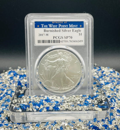 Burnished 2017 (W) $1 American Silver Eagle PCGS SP70 Blue West Point Label Mint Condition (1 of 18,796)