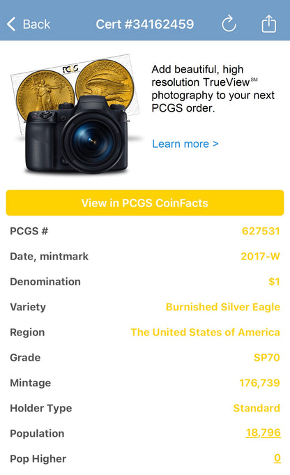 Burnished 2017 (W) $1 American Silver Eagle PCGS SP70 Blue West Point Label Mint Condition (1 of 18,796)