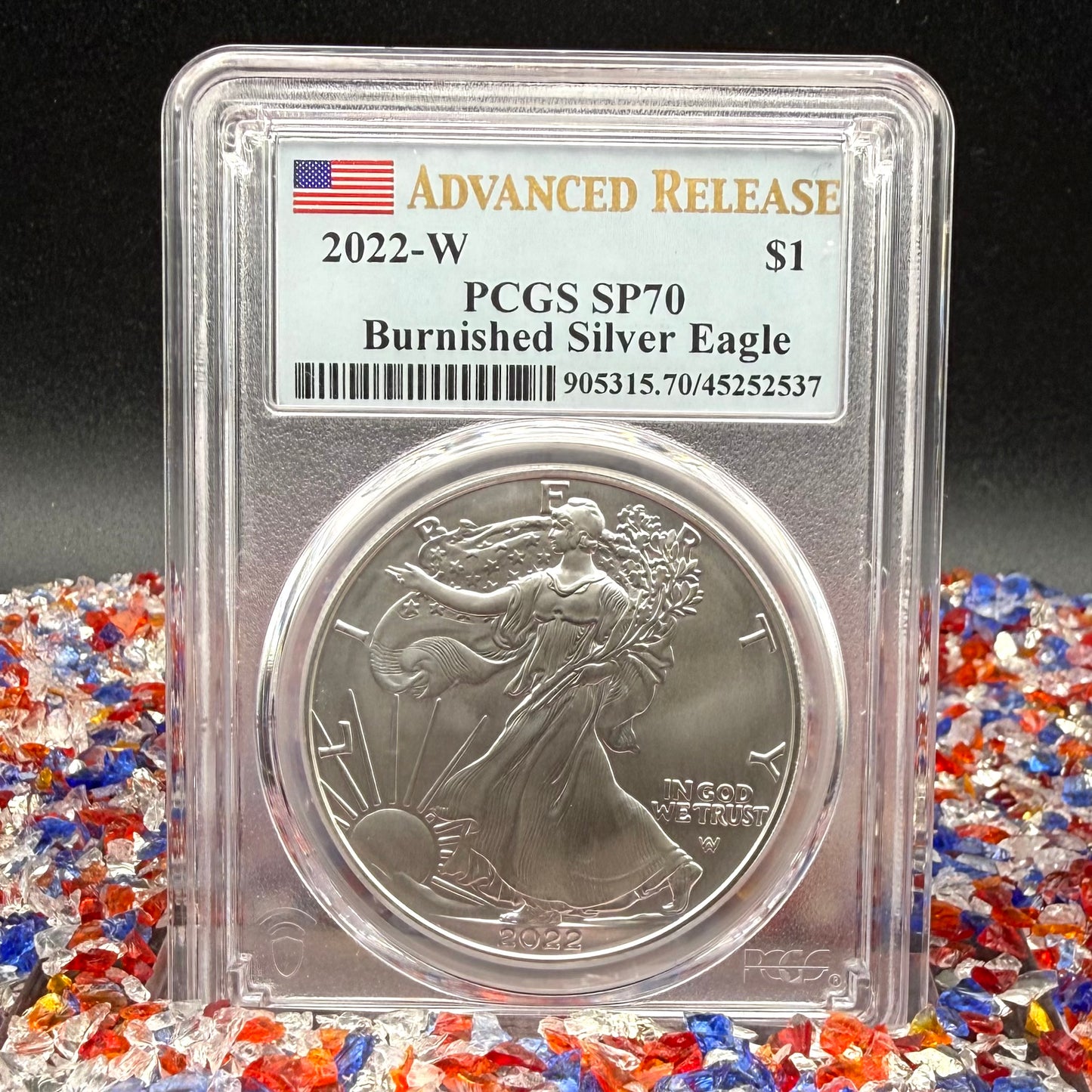 Burnished 2022 (W) $1 American Silver Eagle PCGS SP70 Advanced Release American Flag Label Rare 1 of 453 Mint!