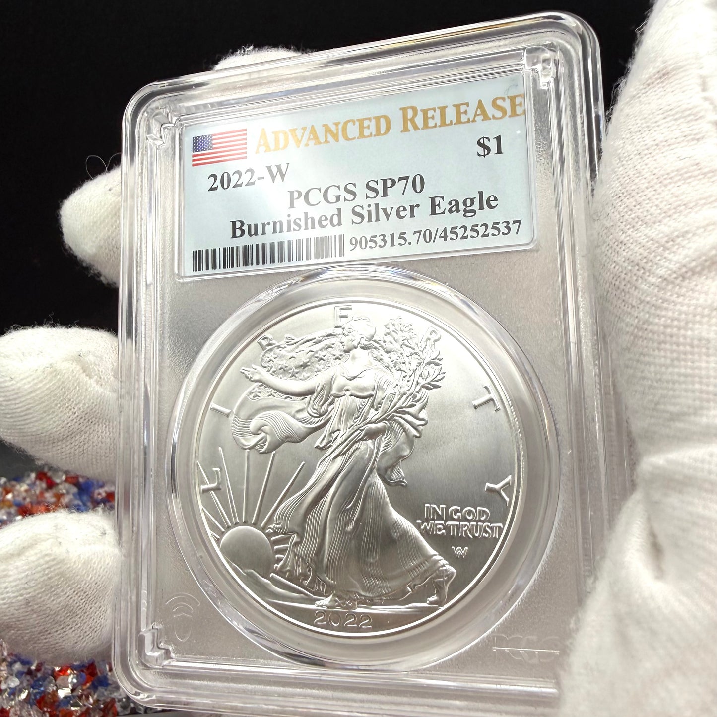 Burnished 2022 (W) $1 American Silver Eagle PCGS SP70 Advanced Release American Flag Label Rare 1 of 453 Mint!