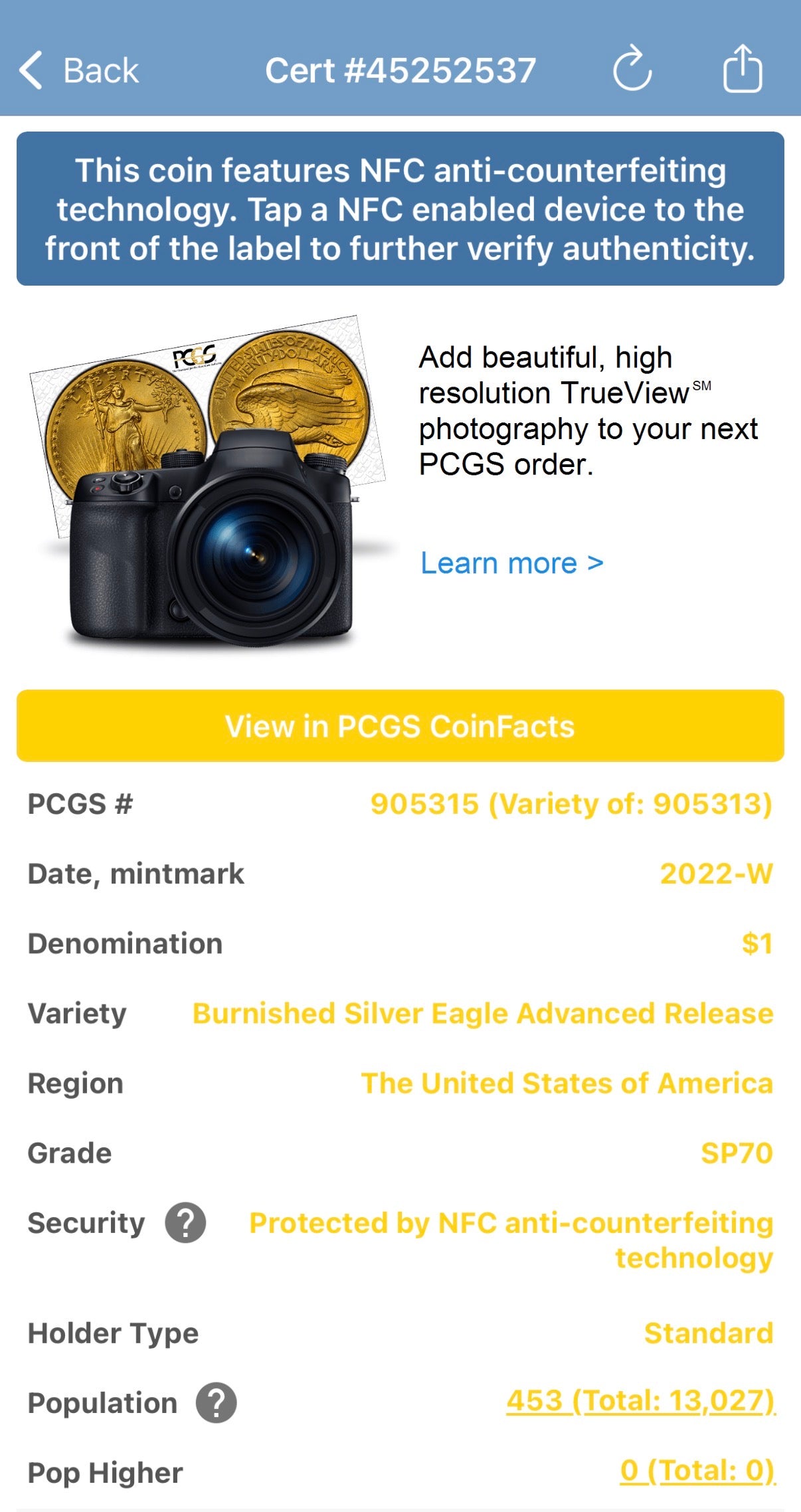 Burnished 2022 (W) $1 American Silver Eagle PCGS SP70 Advanced Release American Flag Label Rare 1 of 453 Mint!