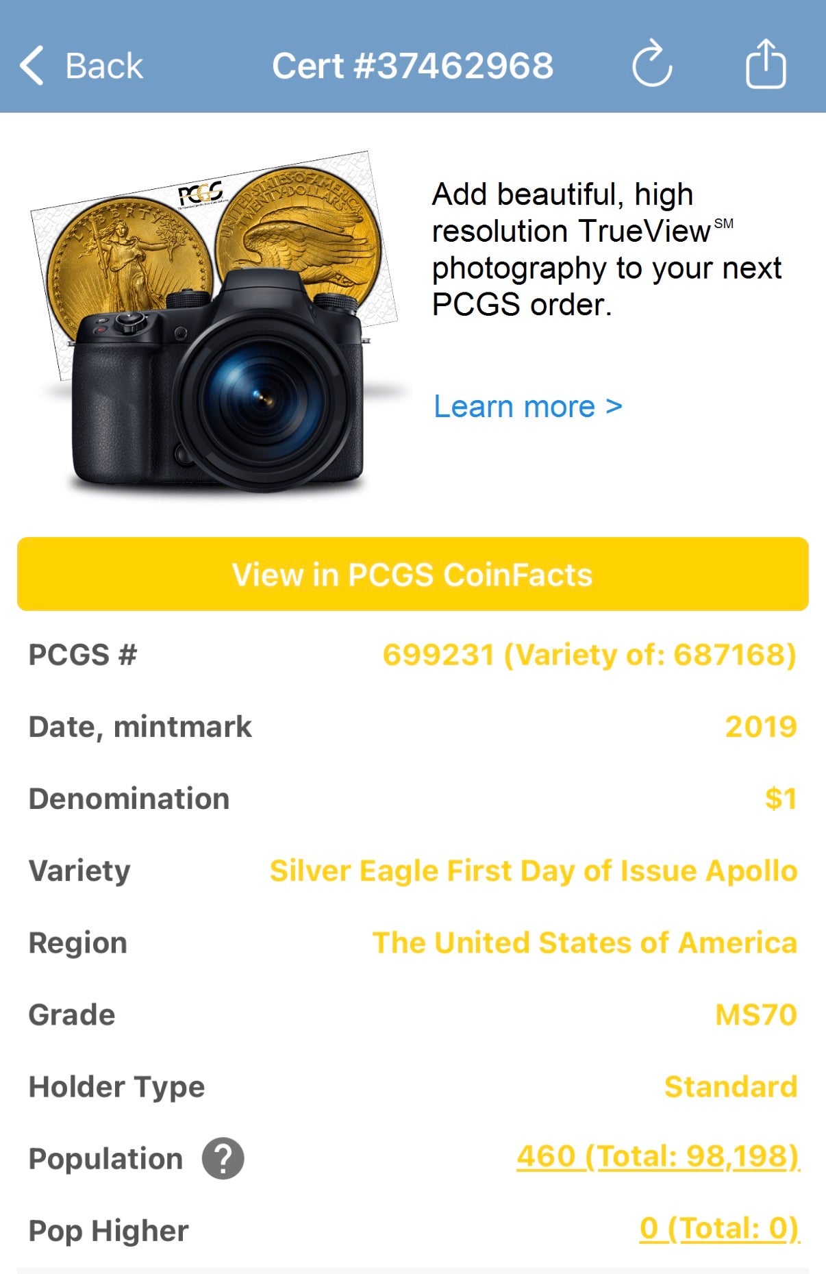 2019 $1 American Silver Eagle PCGS MS70 FDOI Apollo Holder Mint Condition