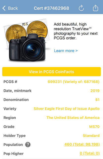 2019 $1 American Silver Eagle PCGS MS70 FDOI Apollo Holder Mint Condition