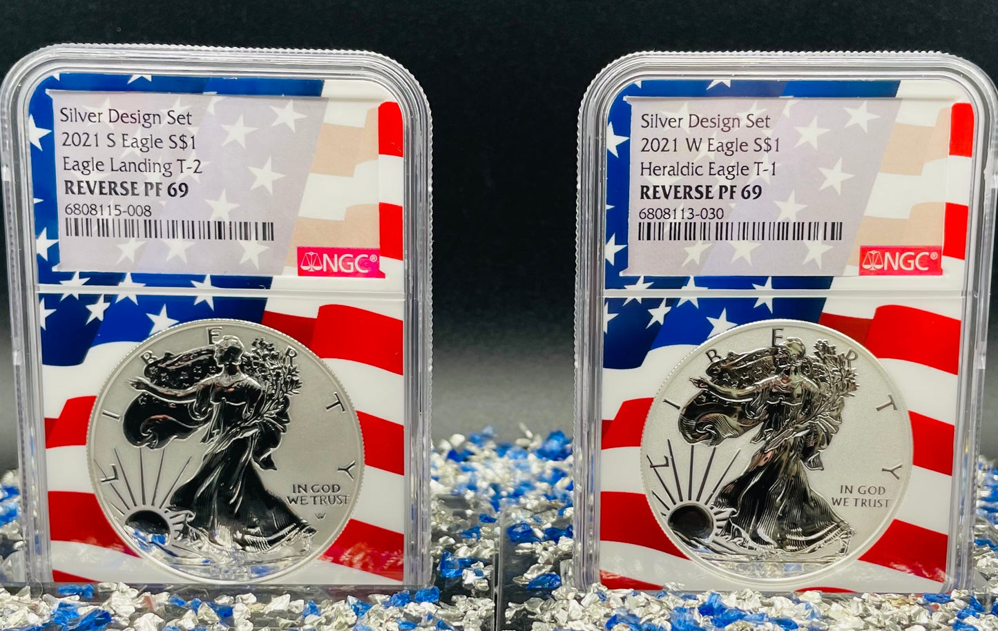 Reverse Proof 2021 Type 1 and Type 2 (2 Coin Set) $1 American Silver Eagle NGC PF69 Heraldic Eagle Label Flag Holder Mint Condition